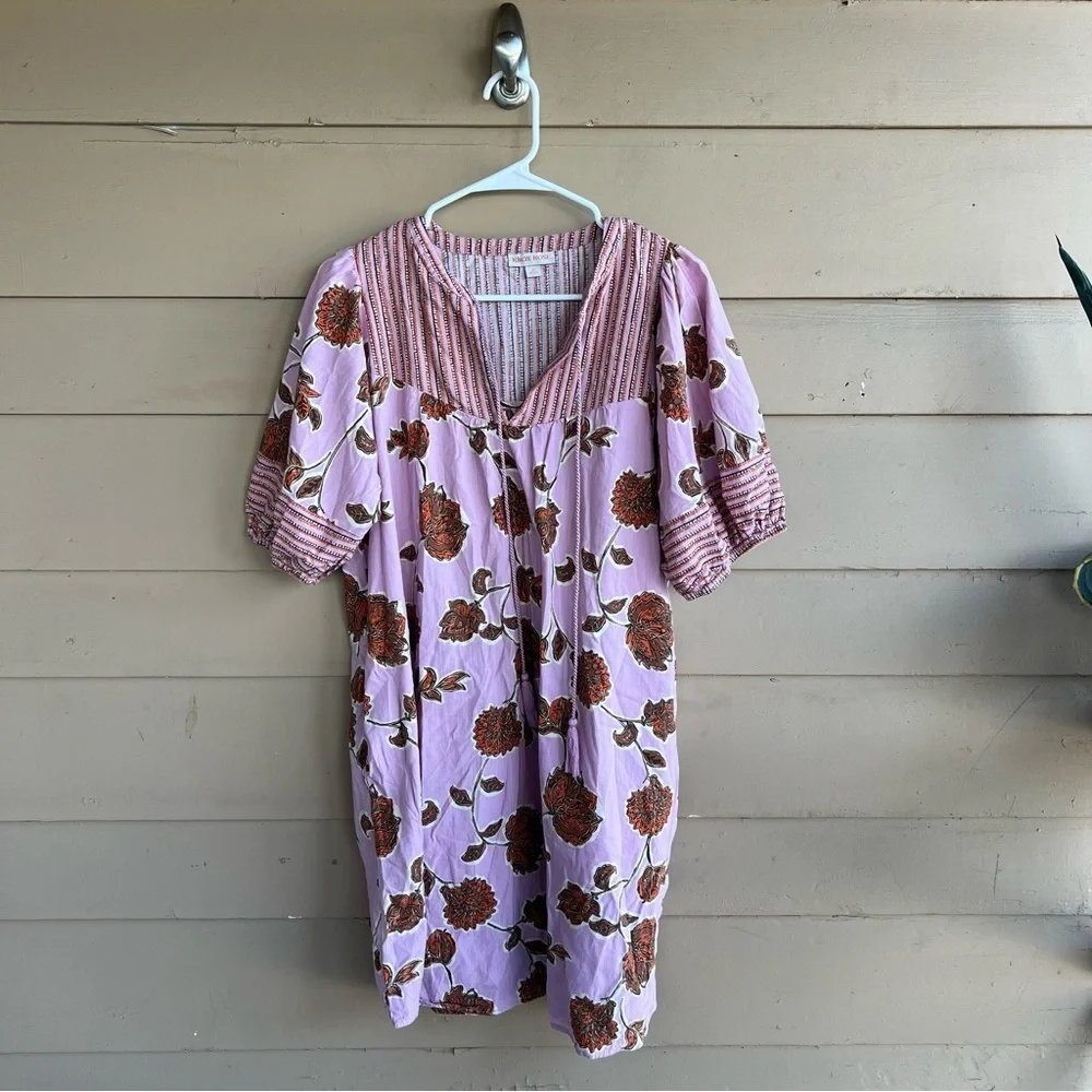 Knox Rose Pink Floral Striped Short Sleeve Boho Peasant Shift Dress Size M - Picture 2 of 8